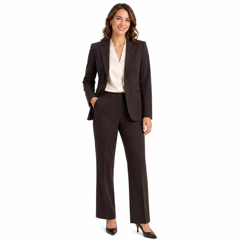 Ann Taylor Brown Pinstripe Suit Jacket & Pants Signature Fit Career Work 6 / 8